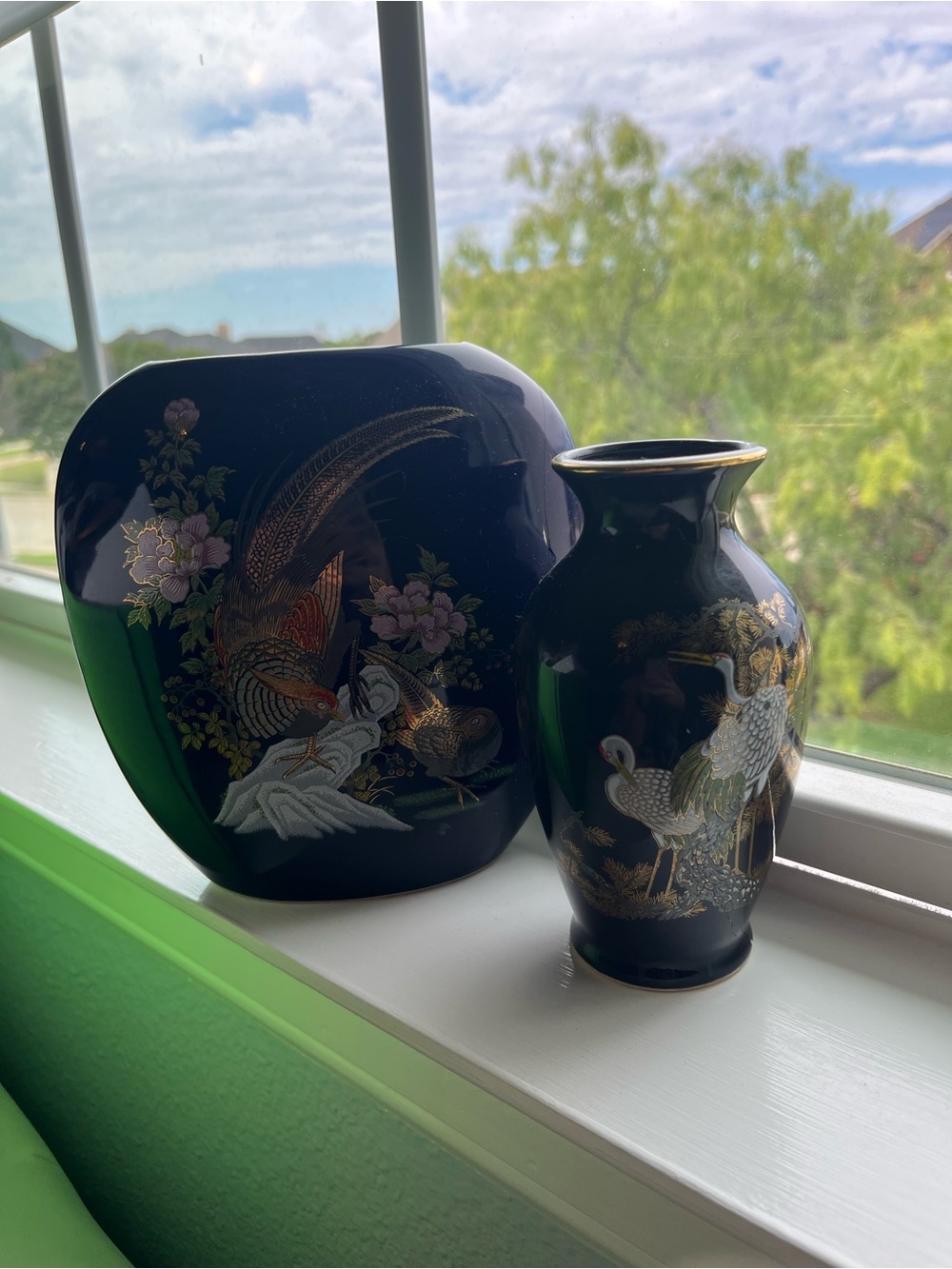 Decorative Navy Blue Asian-Inspired Porcelain Vase Set